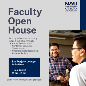 Ad for the OURCA Faculty Open House in the Lumberjack Lounge in the Union on Tues, Jan 31, 2023 from 11am-2pm