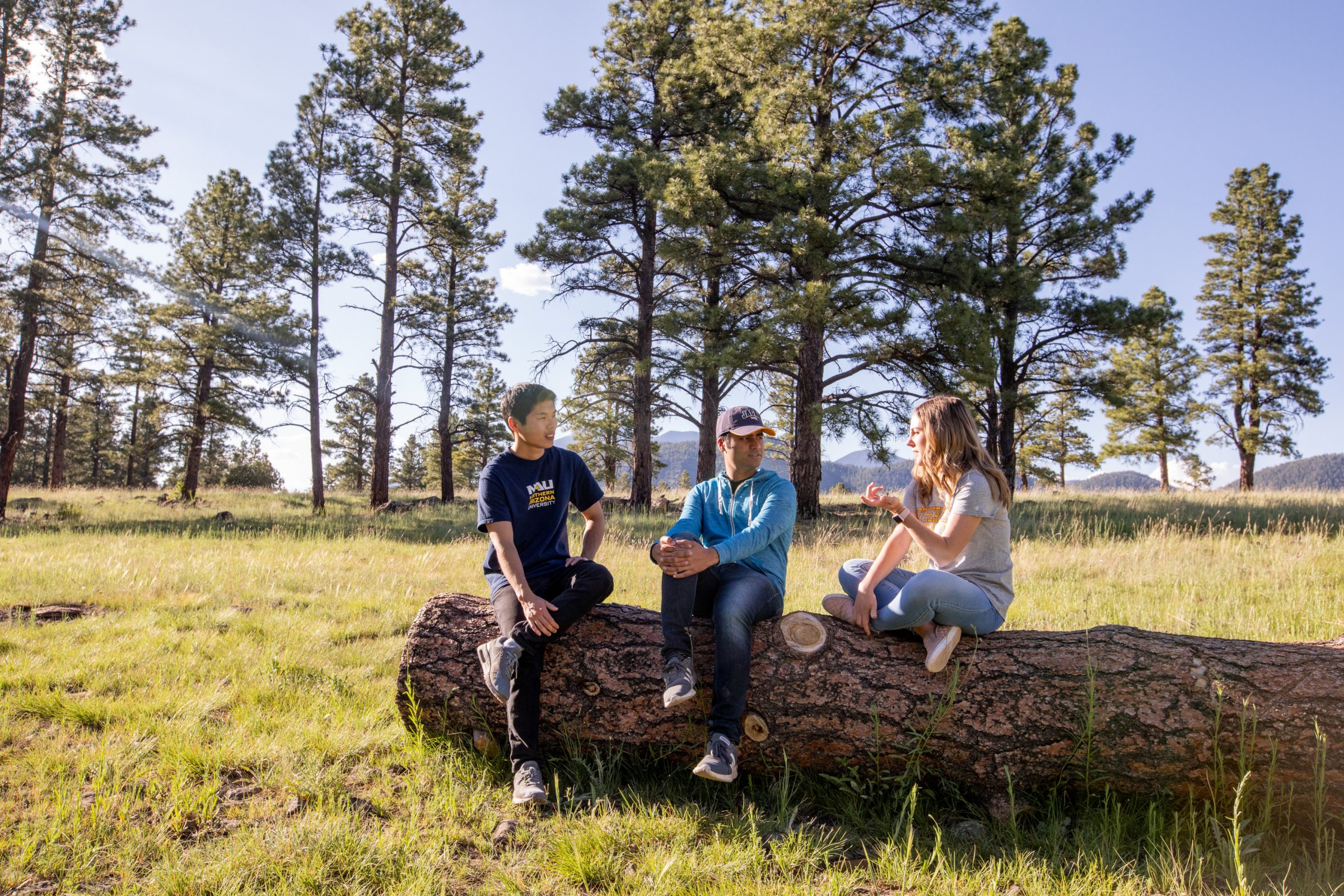 Three N A U students sit on a log at Buffalo Park in Flagstaff.