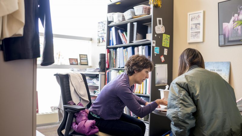An instructor assisting a student in the instructor's office.