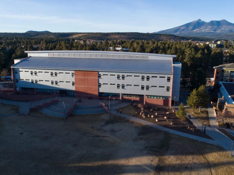 A drone shot of the W A Franke College of Business building at N A U Flagstaff mountain campus.