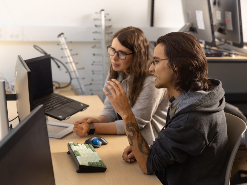 Two people looking at their computers and having a conversation.