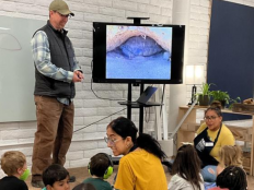 A child's dad shows a picture of a turtle burrowing in the sand on the television for a group of children and teachers sitting on the rug.