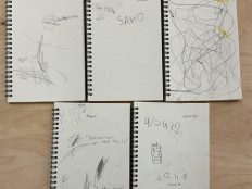 Five writing samples and drawings of sand in notebooks.