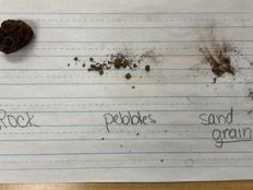 Sample of rock, pebbles and sand grain with labeled words on a paper.