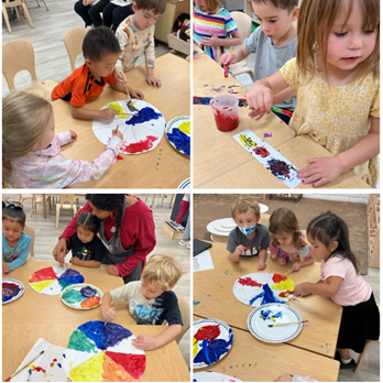 Photos of children painting a color wheel with paint brushes and palettes