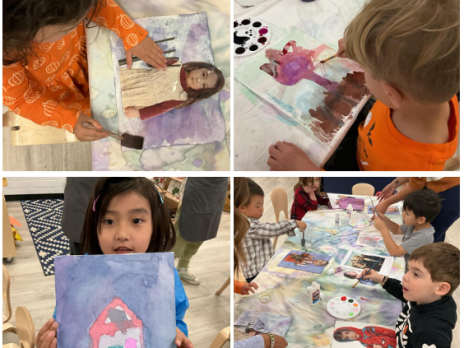 Photo collage of children working with art materials, paint, brushes, to make art displays.