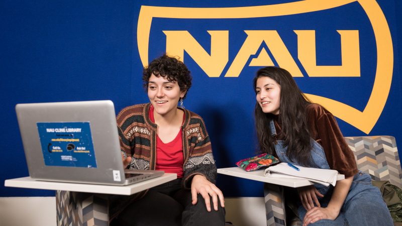 Two students sitting at desks while collaborating in front of an NAU logo
