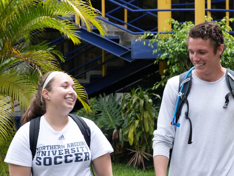 Students walk together and chat on campus.