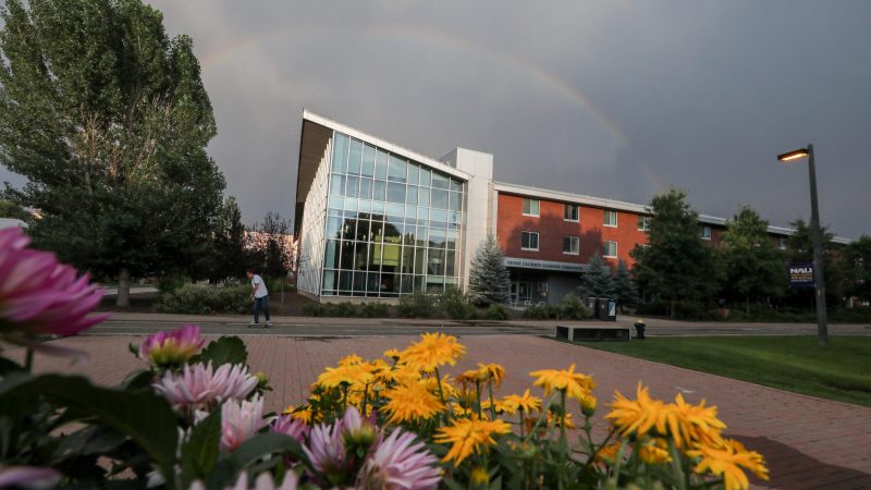 A campus building underneath a rainbow and colorful flowers in the foreground.