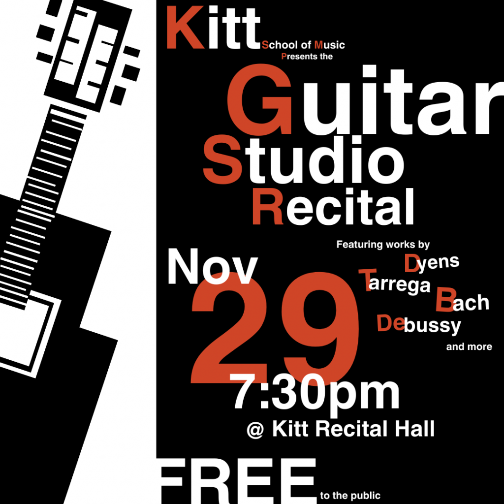 stylized guitar with text announcing Guitar studio recital - inserted here as an example of student design, text isn't conveying information