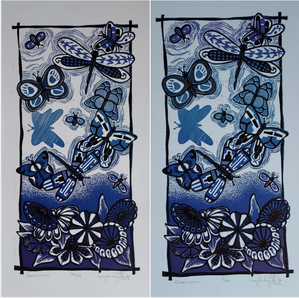prints of butterflies and dragon flies flowers and peaks in monochromatic blue