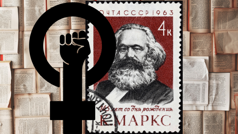 Stamp featuring Marx, women symbol with fist, collage of open books on red and black background.