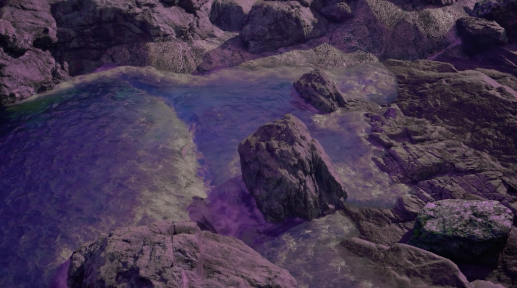 Animation shot by Jaewook Lee of a purple river running through purple rocks.