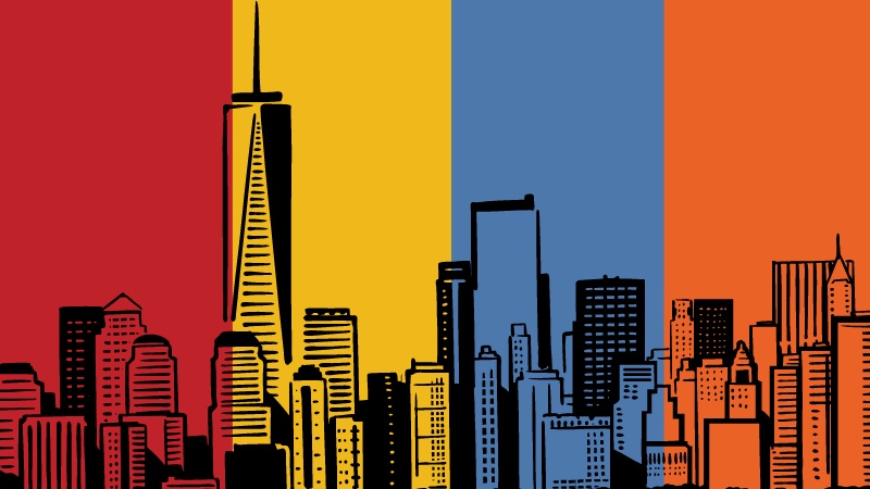 Artwork of a city skyline in front of red yellow blue and orange background.