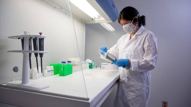 Un estudiante de posgrado de NAU trabaja en un laboratorio científico con pipetas y otros instrumentos.