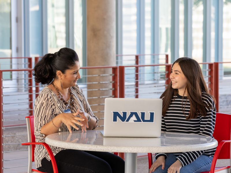 Un estudiante y un asesor académico de NAU están sentados juntos enfrente de una computadora.
