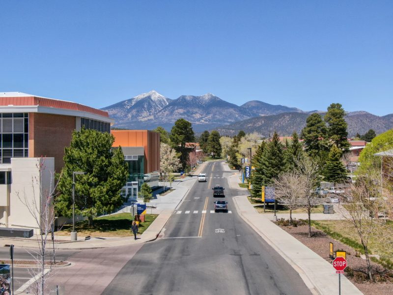 Road on NAU campus with the San Francisco Peak mountains in the distance