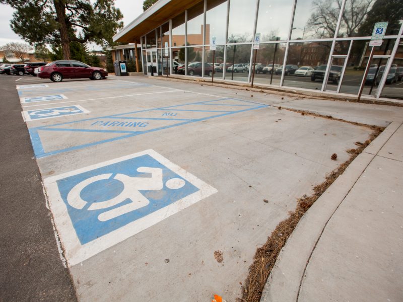 Parking spots with disability symbols.