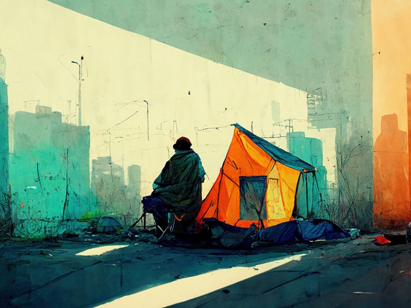 Illustration of a silhouette next to a tent on the street.