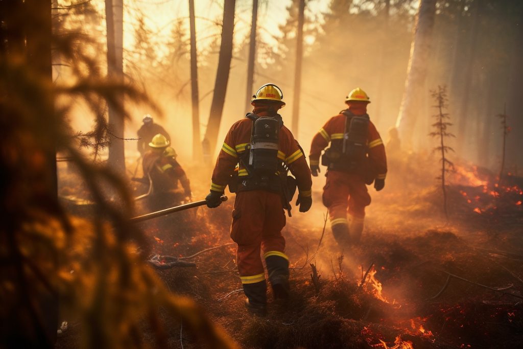 Firefighters walking in smoky forest.