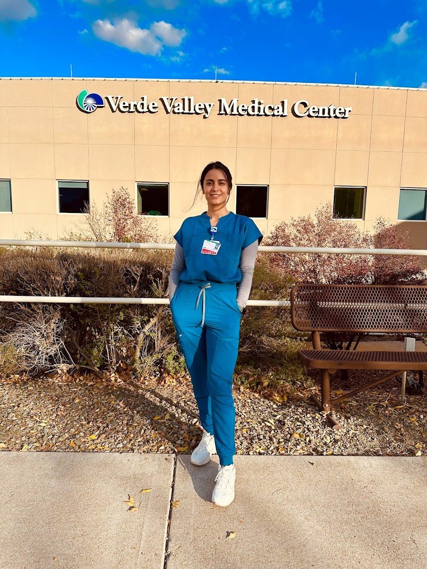 N A U Occupational Therapy student, Sepideh (Sepi) Almasi, posing infront of the Verde Valley Medical Center.