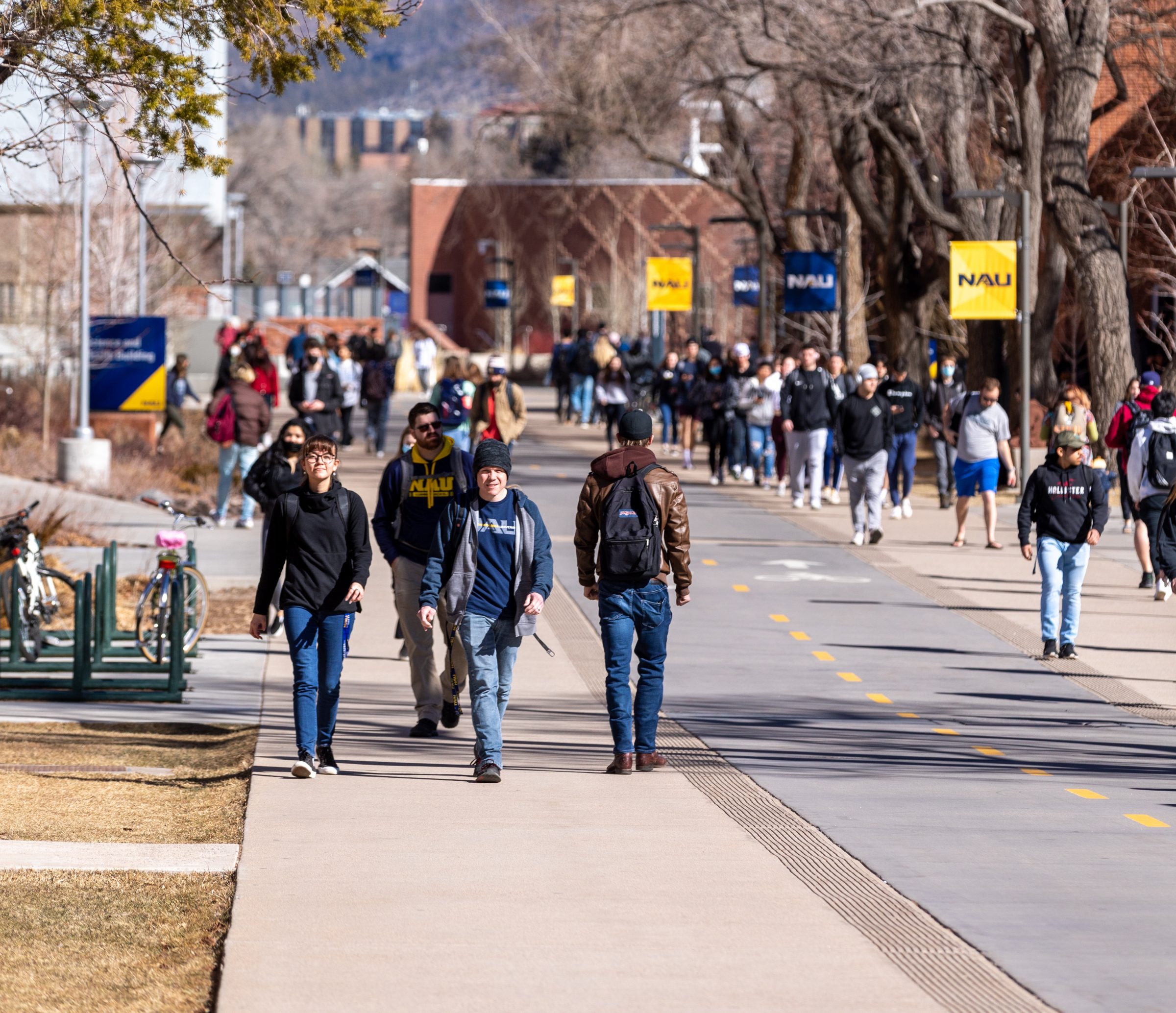 Candid of of students on the pedway at Flagstaff Mountain Campus.