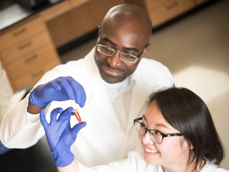 Two scientists in lab coats examining a vile.