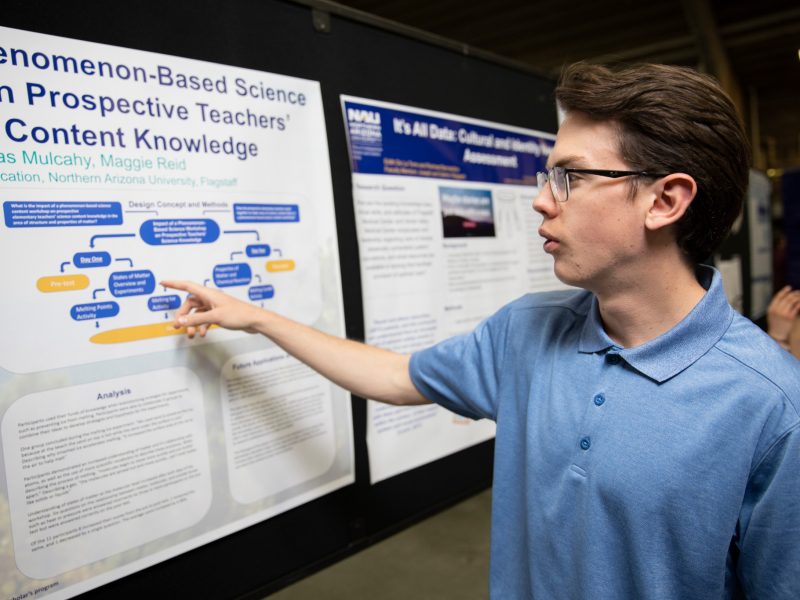 Student presenting work on a poster with graphs.