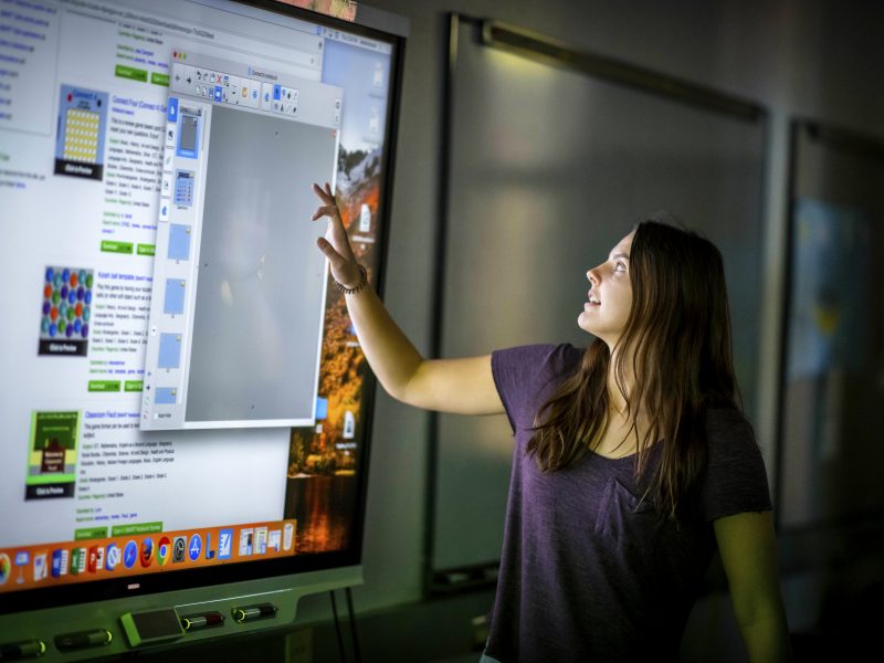 Student standing in front on screen and pointing at it.