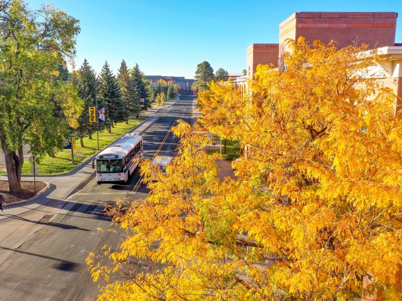 The N A U bus drives through a colorful Flagstaff campus on a fall day.