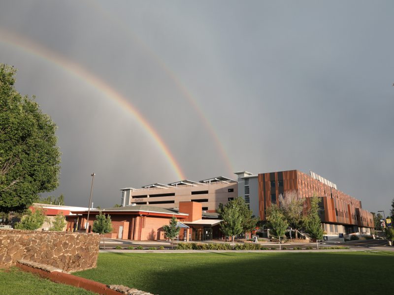 Rainbow over a campus building.