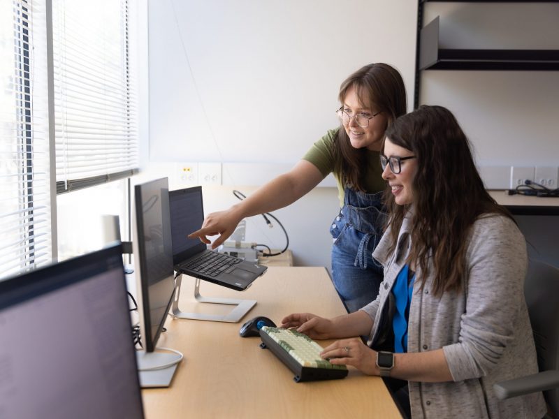 N A U professor works with student in a computer lab.