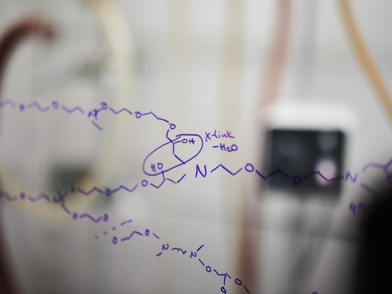 String of chemical formulas written out in purple ink on a see-through whiteboard.