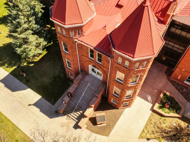 A drone photo of old main.