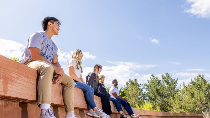 A photo of students sitting on the N A U sign.