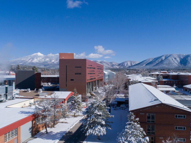 Drone photo of Flagstaff campus on a snowy day