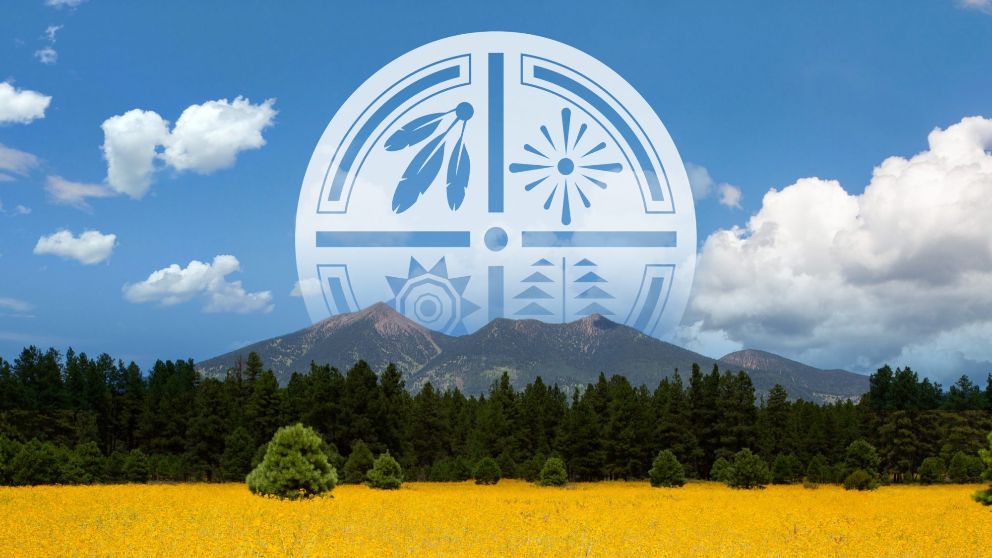 An image of the San Francisco Peaks with a graphic of Indigenous values superimposed on the sky.