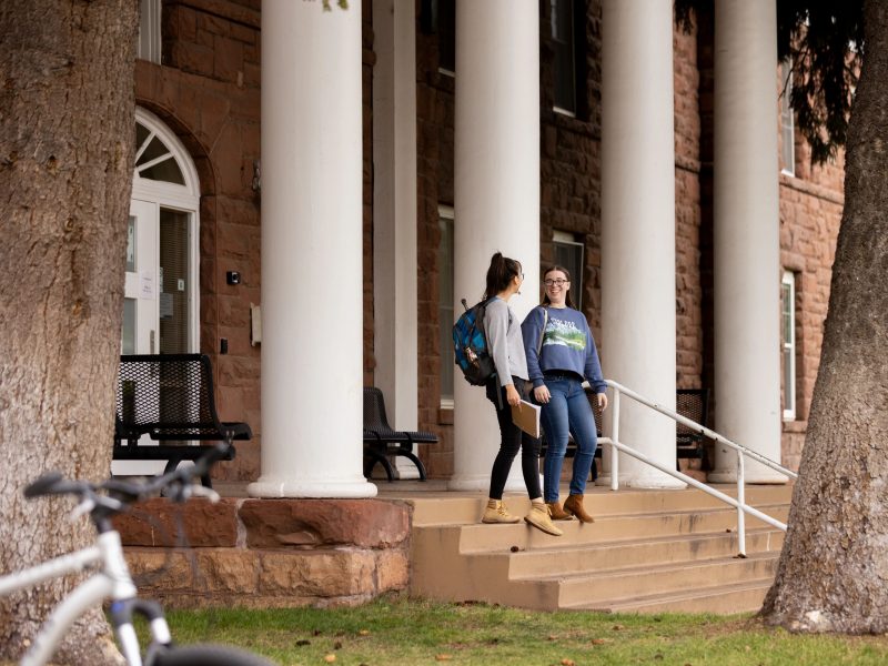 Students walking down steps outside a dorm.
