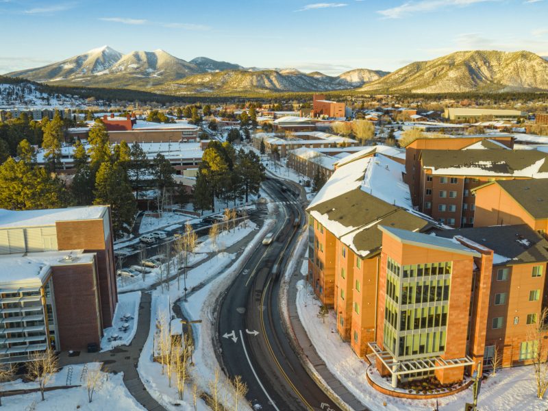 Drone shot of campus during the winter.