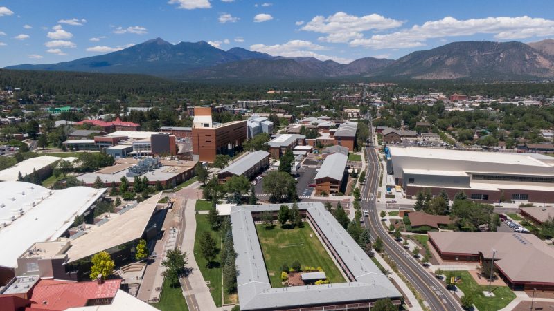 Drone view of central campus at Northern Arizona University.
