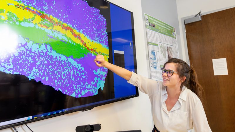 Student pointing to a thermal map on a TV.