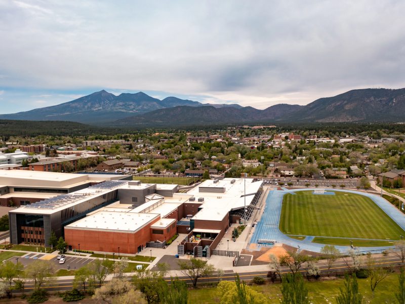 Drone shot of N A U Flagstaff north campus by Campus Health.