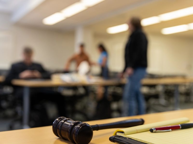 Mock trial equipment on a desk.