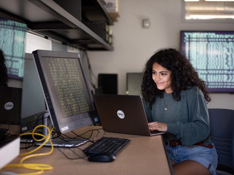 Female working on a laptop computer at a desk.