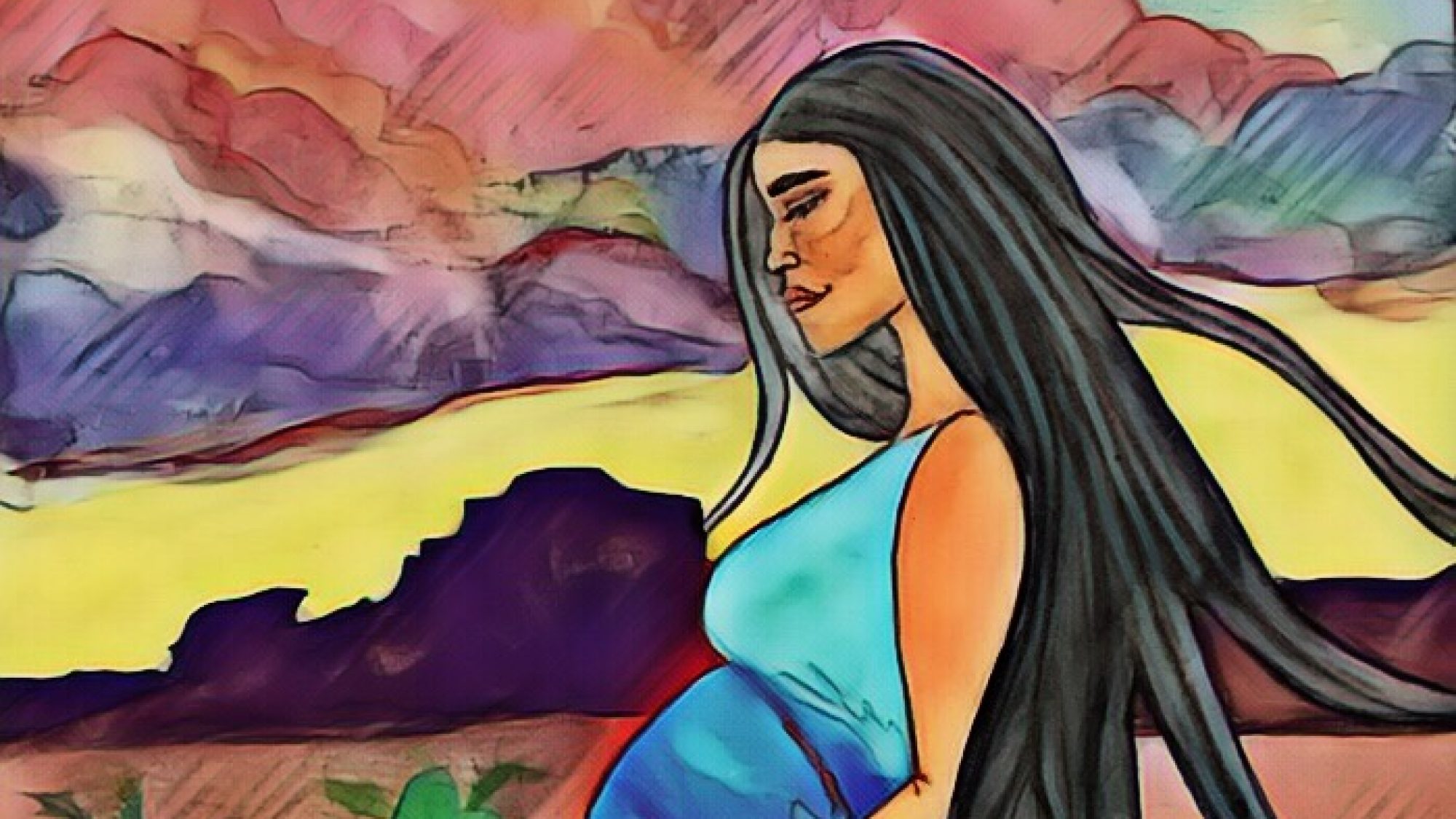 An illustration of a pregnant Hopi woman in a field of corn. Illustration by Bre Taylor for the Great Beginnings for Healthy Native Smiles research project.