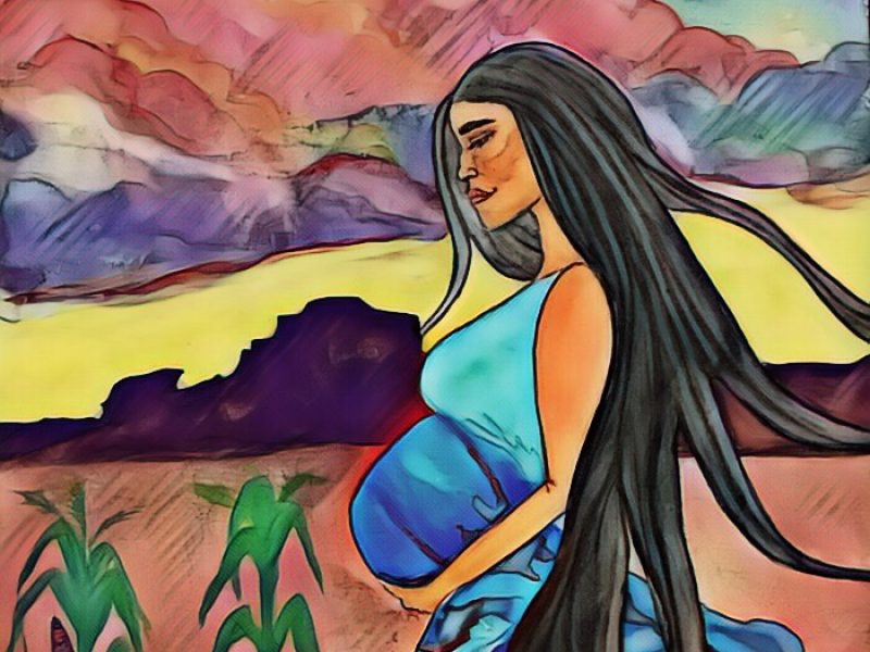 An illustration of a pregnant Hopi woman in a field of corn. Illustration by Bre Taylor for the Great Beginnings for Healthy Native Smiles research project.