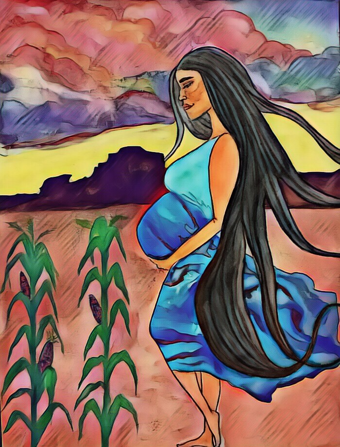 An illustration of a pregnant Hopi woman in a field of corn. Illustration by Bre Taylor for the Great Beginnings for Healthy Native Smiles research project.