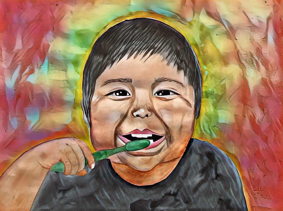 Illustration of Hopi child brushing their teeth. Illustration by Bre Taylor for the Great Beginnings for Healthy Native Smiles research project.