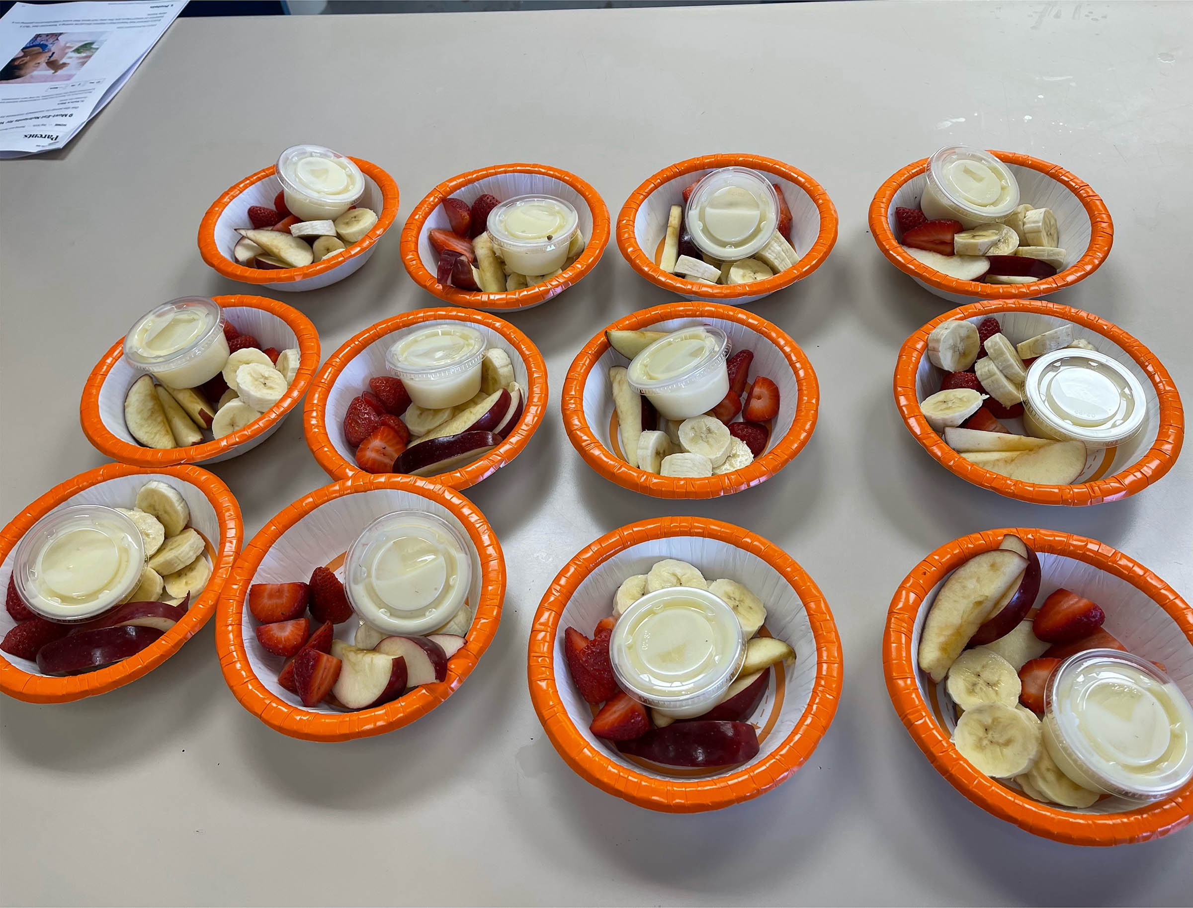 Fruit and yogurt portioned out into small bowls.