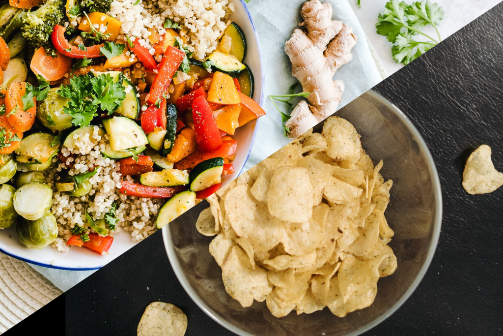 Healthy cooked vegetables and potato chips compared side-by-side.